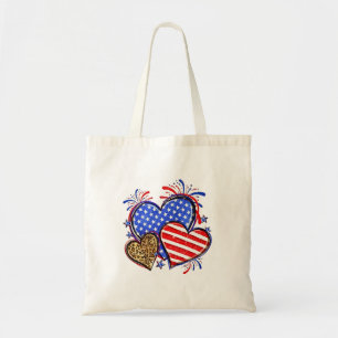 Leopard American Flag Heart 4th of July USA Tote Bag