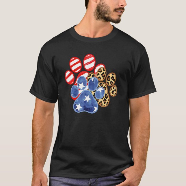 Leopard American Flag Hearts 4th Of July Dog Paw P T-Shirt (Front)