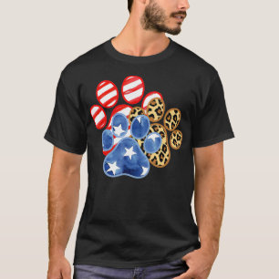Leopard American Flag Hearts 4th Of July Dog Paw T-Shirt