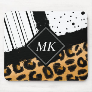 Leopard and Black and White Polka Dots Monogrammed Mouse Mat