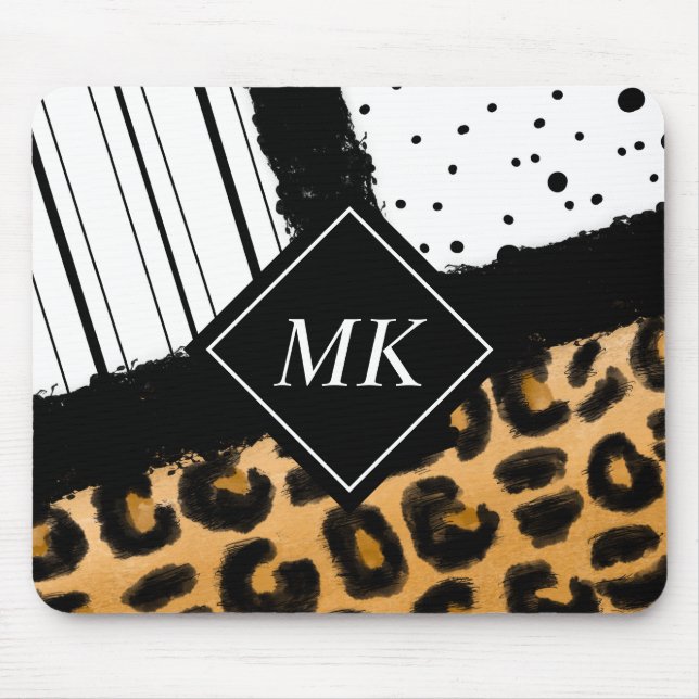 Leopard and Black and White Polka Dots Monogrammed Mouse Mat (Front)
