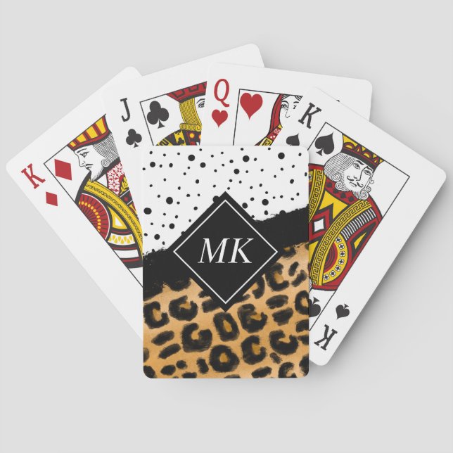 Leopard and Black and White Polka Dots Monogrammed Playing Cards (Back)