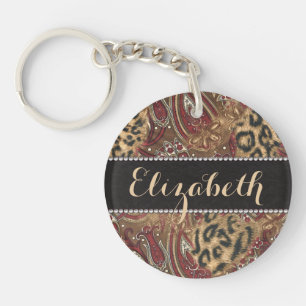 Leopard and Paisley Pattern Print to Personalise Key Ring
