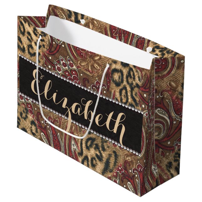 Leopard and Paisley Pattern Print to Personalise Large Gift Bag (Front Angled)