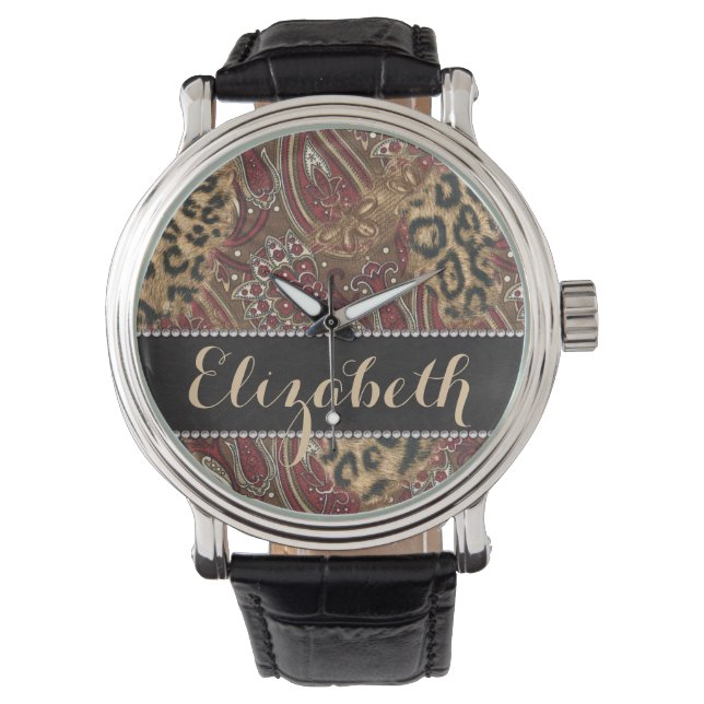 Leopard and Paisley Pattern Print to Personalise Watch (Front)