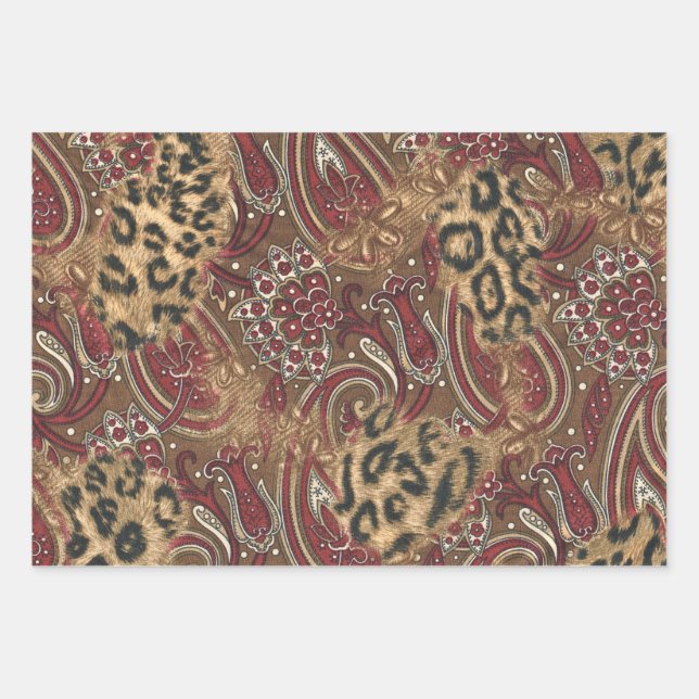 Leopard and Paisley Pattern Print Wrapping Paper Sheet (Front)