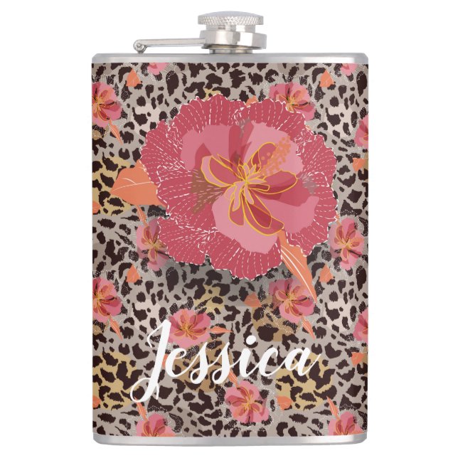 Leopard and Pink Flowers Hip Flask (Front)