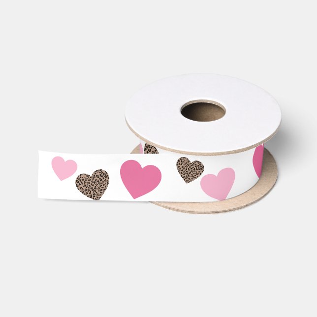 Leopard and Pink Hearts Satin Ribbon (Spool)