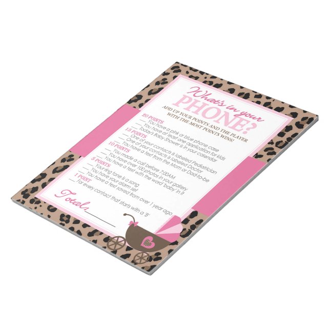 Leopard and Pink What's In Your Phone Shower Game Notepad (Angled)