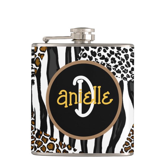 Leopard and Zebra Stripes Print Personalised Hip Flask (Front)