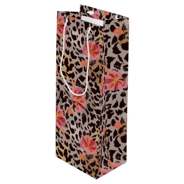 Leopard Animal Pattern Tropical Pink Flowers Wine Gift Bag (Front Angled)
