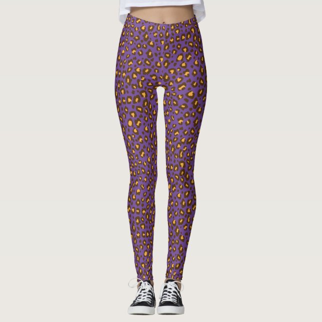 Leopard animal pattern yellow brown purple leggings (Front)