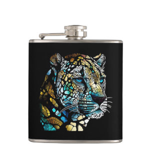 Leopard Animal Portrait Stained Glass Wildlife Art Hip Flask