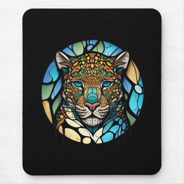 Leopard Animal Portrait Stained Glass Wildlife Art Mouse Mat (Front)