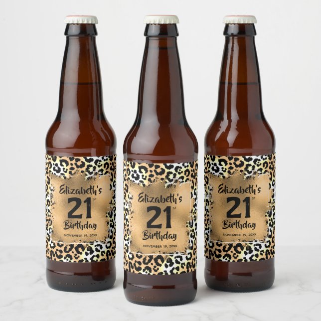 Leopard Animal Print 21st Birthday Beer Bottle Label (Bottles)
