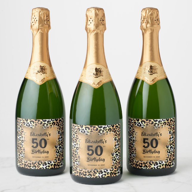 Leopard Animal Print 50th Birthday Personalised Sparkling Wine Label (Bottles)