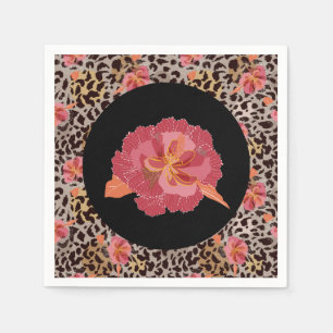 Leopard Animal Print and Pink Flowers on Black Napkin
