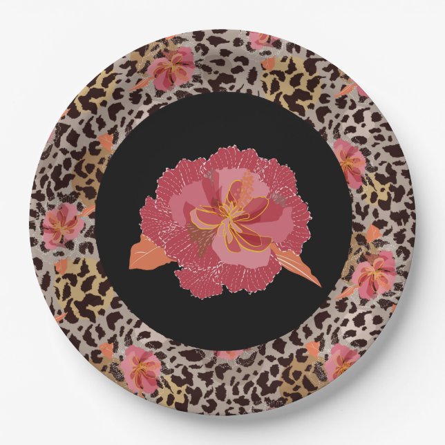 Leopard Animal Print and Pink Flowers on Black Paper Plate (Front)