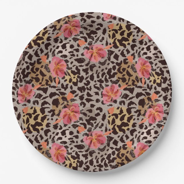 Leopard Animal Print and Pink Flowers Paper Plate (Front)