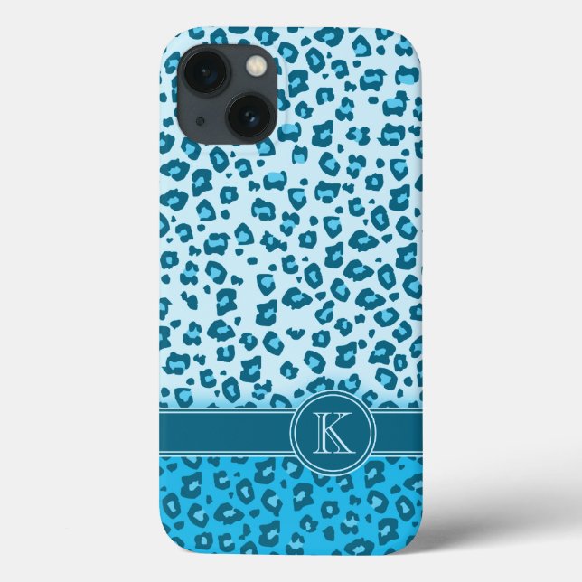 Leopard animal print aqua monogram iphone case (Back)