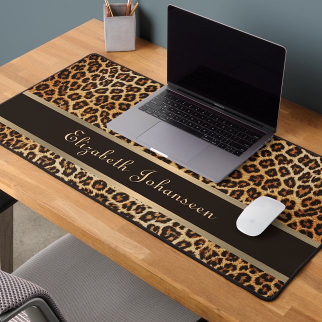 Leopard Animal Print Brown & Gold Stripe Glamour Desk Mat (Creator Uploaded)