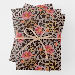 Leopard Animal Print Floral Wrapping Paper Sheet