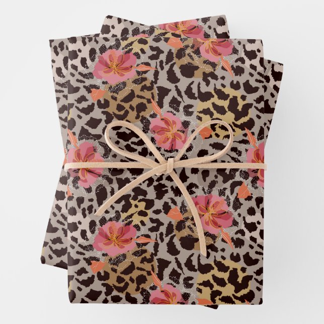 Leopard Animal Print Floral Wrapping Paper Sheet (In situ)