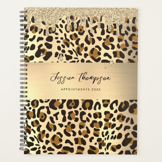 Leopard Animal Print Gold Pink Glitter Drips  Planner (Front)