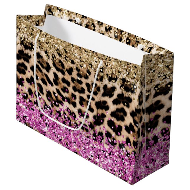 Leopard Animal Print Gold Pink Glitzy Glitter  Large Gift Bag (Front Angled)
