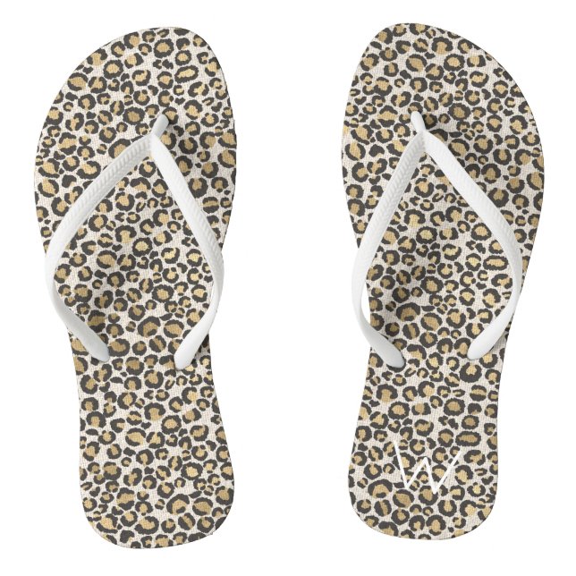 Leopard Animal Print INITIAL White Beach Fun Flip Flops (Footbed)