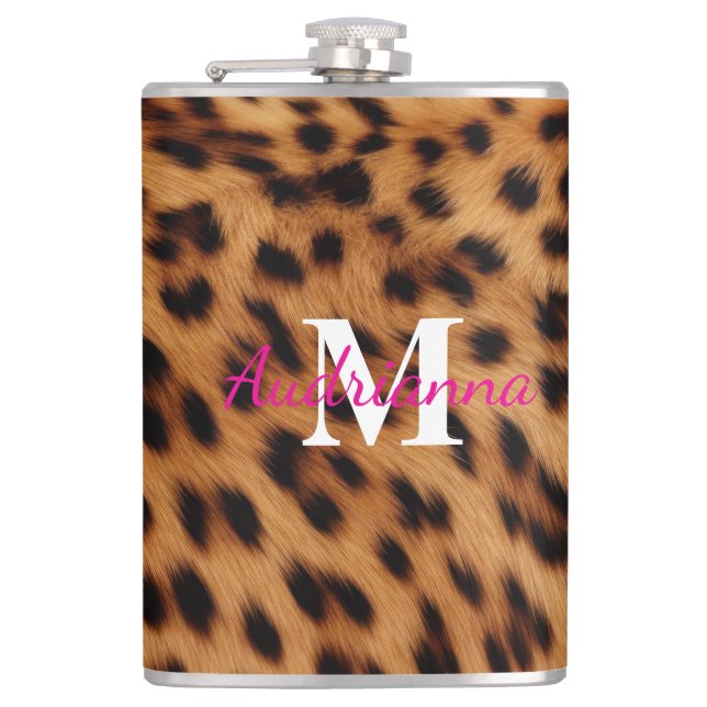 Leopard Animal Print Monogram Hip Flask (Front)