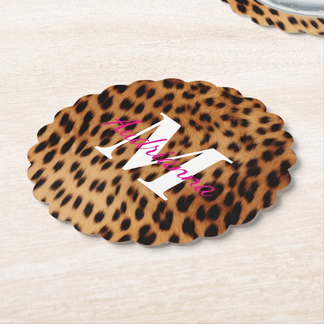 Leopard Animal Print Monogram Paper Coaster (Angled)