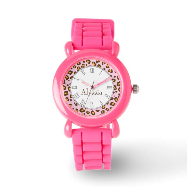 Leopard animal print pink name wrist watch (Front)