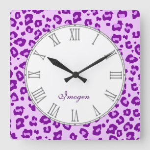Leopard animal print purple name wall clock
