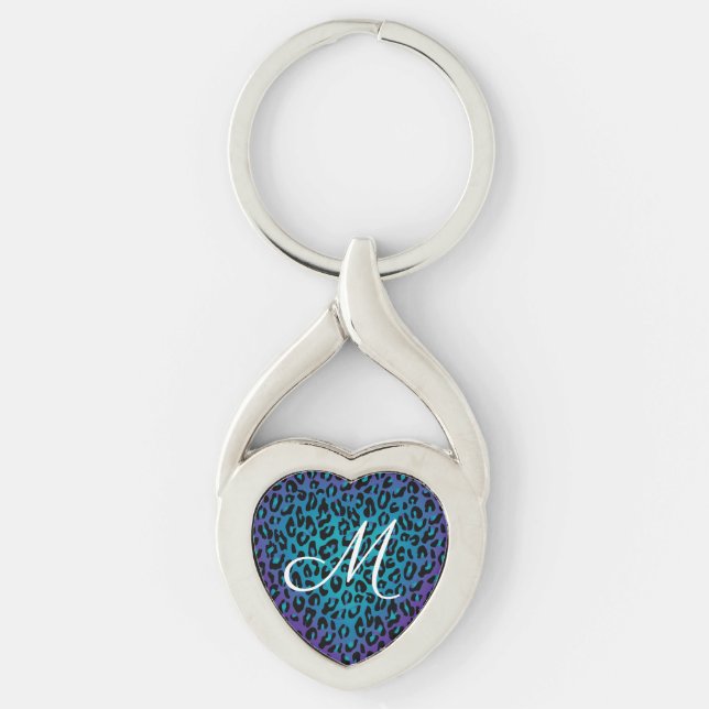 Leopard Animal Print Purple Ombre Monogram Key Ring (Front)
