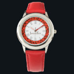 Leopard animal print red name wrist watch<br><div class="desc">A unique leopard print style watch in red brown hues. Customise with your name. This example reads Jennifer. Uniquely designed by Sarah Trett.</div>