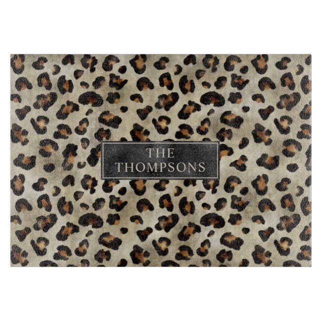 Leopard Animal Print With Black Faux Foil And Name Cutting Board (Front)