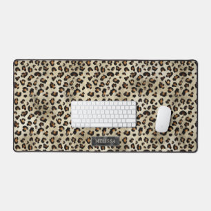 Leopard Animal Print With Black Faux Foil And Name Desk Mat