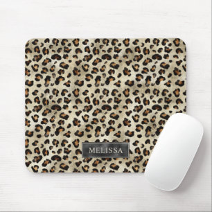 Leopard Animal Print With Black Faux Foil And Name Mouse Mat