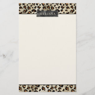 Leopard Animal Print With Black Faux Foil And Name Stationery