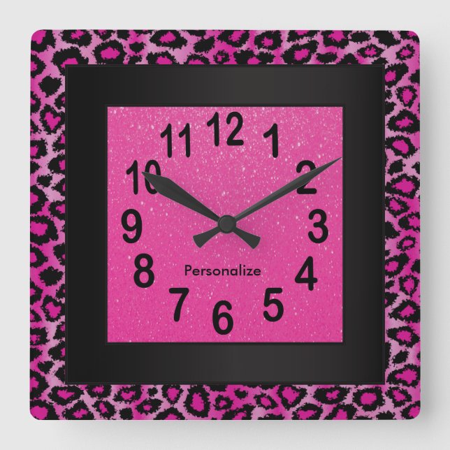 Leopard Animal Print with Hot Pink and Black Square Wall Clock (Front)