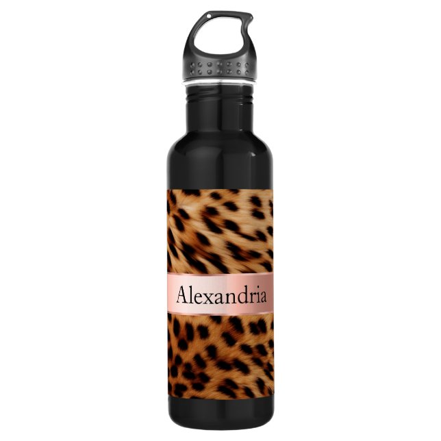 Leopard Animal Rose Pink Ribbon Name 710 Ml Water Bottle (Front)