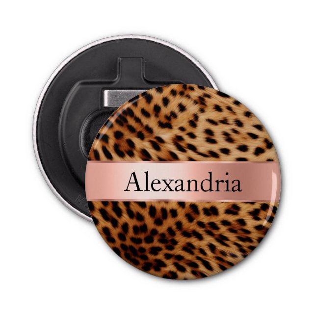 Leopard Animal Rose Pink Ribbon Name Bottle Opener (Front)