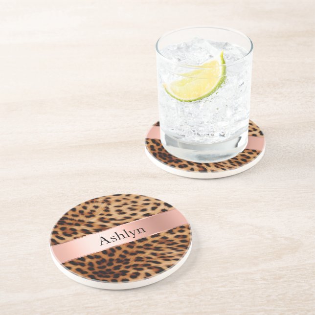 Leopard Animal Rose Pink Ribbon Name Coaster (Side)