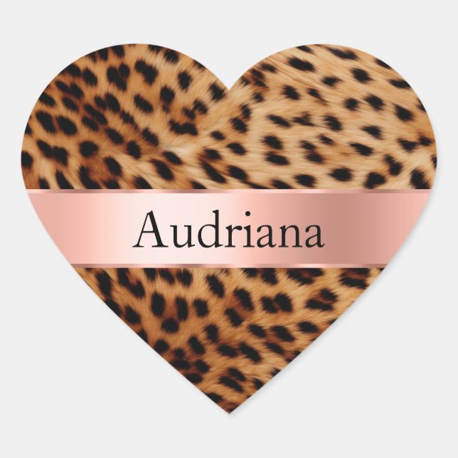 Leopard Animal Rose Pink Ribbon Name Heart Sticker (Front)