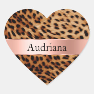 Leopard Animal Rose Pink Ribbon Name Heart Sticker