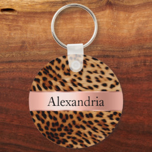 Leopard Animal Rose Pink Ribbon Name Key Ring
