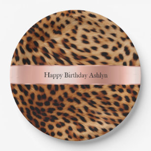 Leopard Animal Rose Pink Ribbon Name Paper Plate