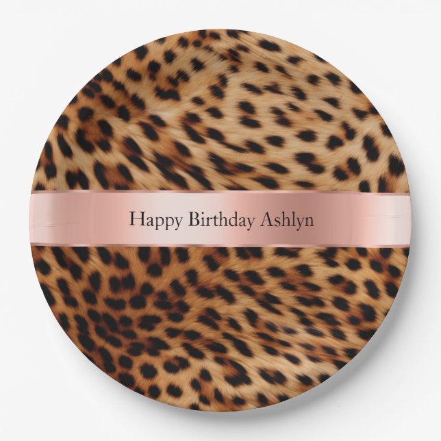 Leopard Animal Rose Pink Ribbon Name Paper Plate (Front)