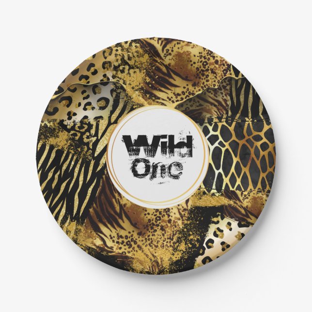 Leopard animal skin wild one safari birthday paper plate (Front)